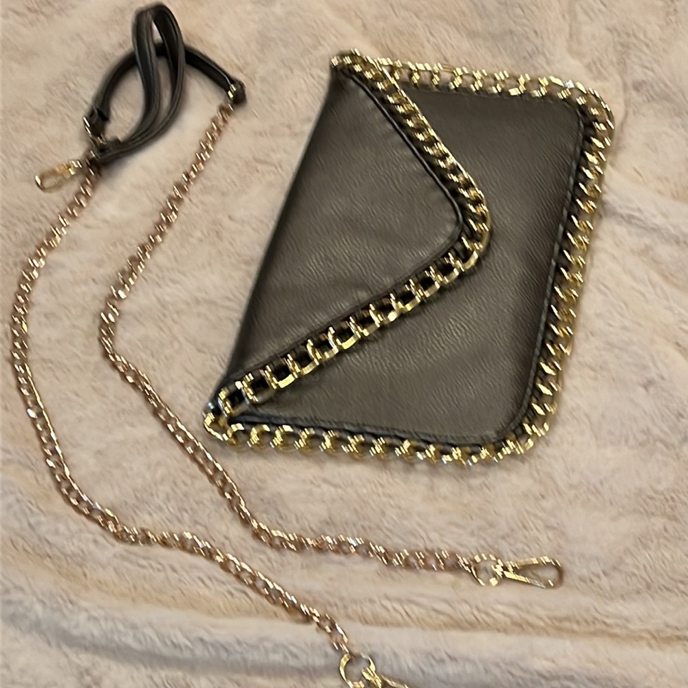 Metallic gray with Gold chain accented clutch or crossbody